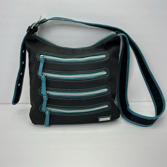 Hadaki Handbags - Hadaki Crossbody Purse Handbag Millipede Tote Black Teal Zipper